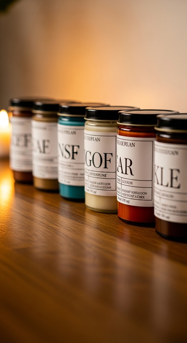 a small labelled homemade candle jars arranged on a wooden surface to work from home