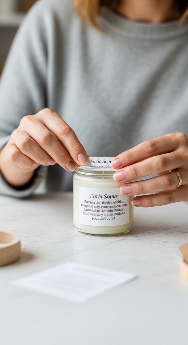 a woman's hands attaching a label to a homemade candle jar to work from home