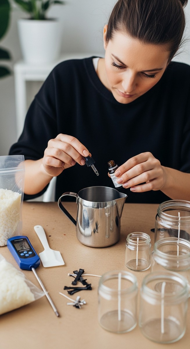 woman adding fragrance oil to wax for candle making