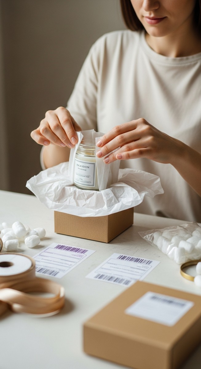 a woman packaging a homemade candle ready to ship to work from home
