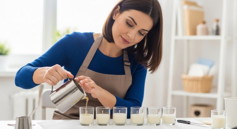 a woman pouring wax into candle jars at a craft table to work from home