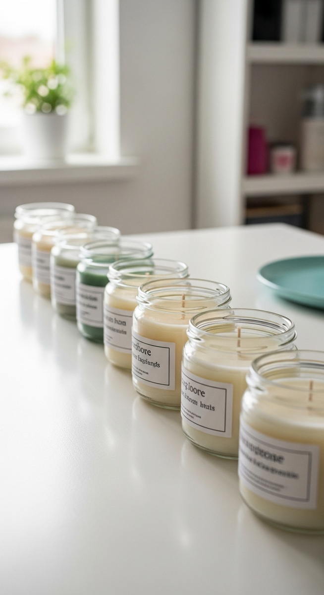 a finished homemade candles cooling in jars on a craft table to work from home