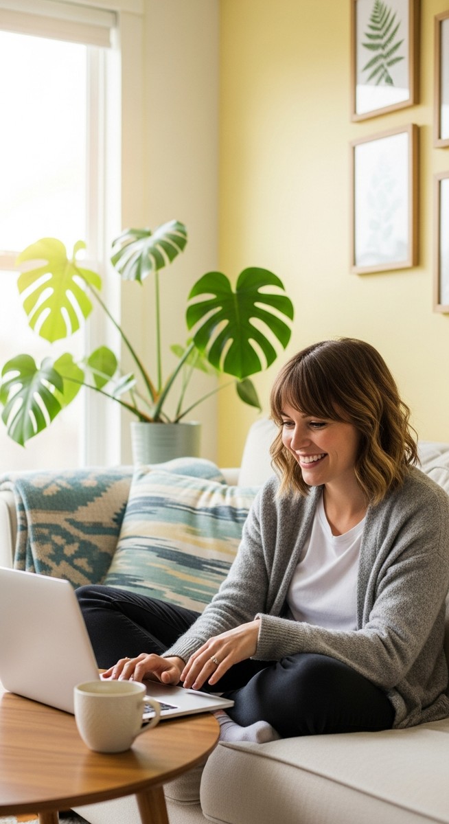 a woman smiling while working on her laptop at home to make an extra $500