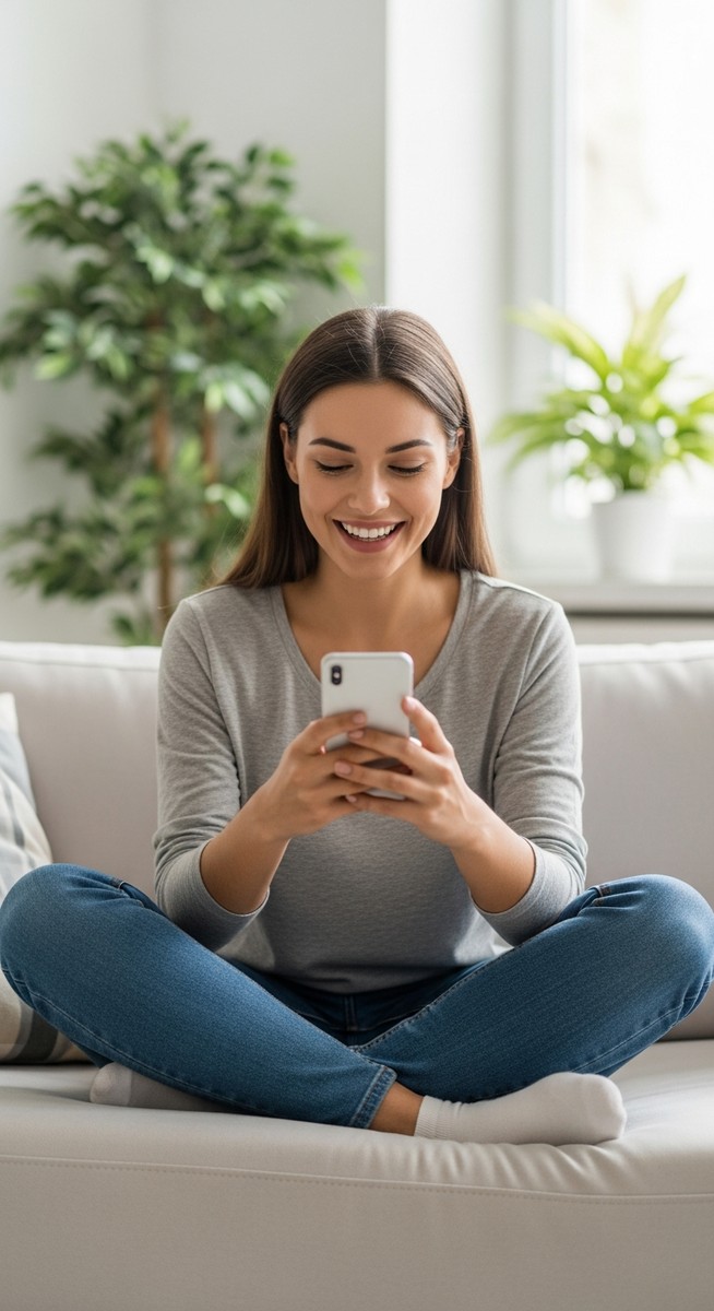 woman smiling at her phone in a bright living room
