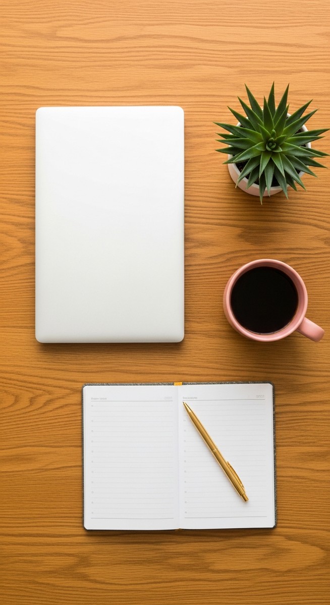 flatlay of a planner, laptop, and succulent on a wooden surface