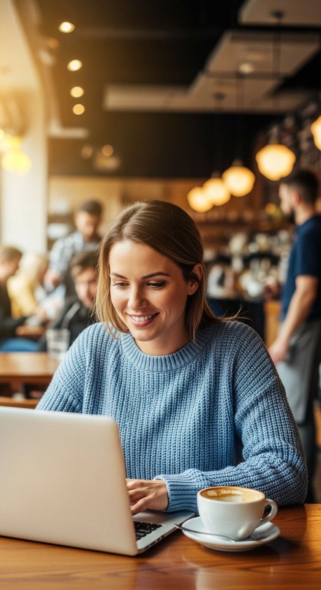 woman working happily on her laptop