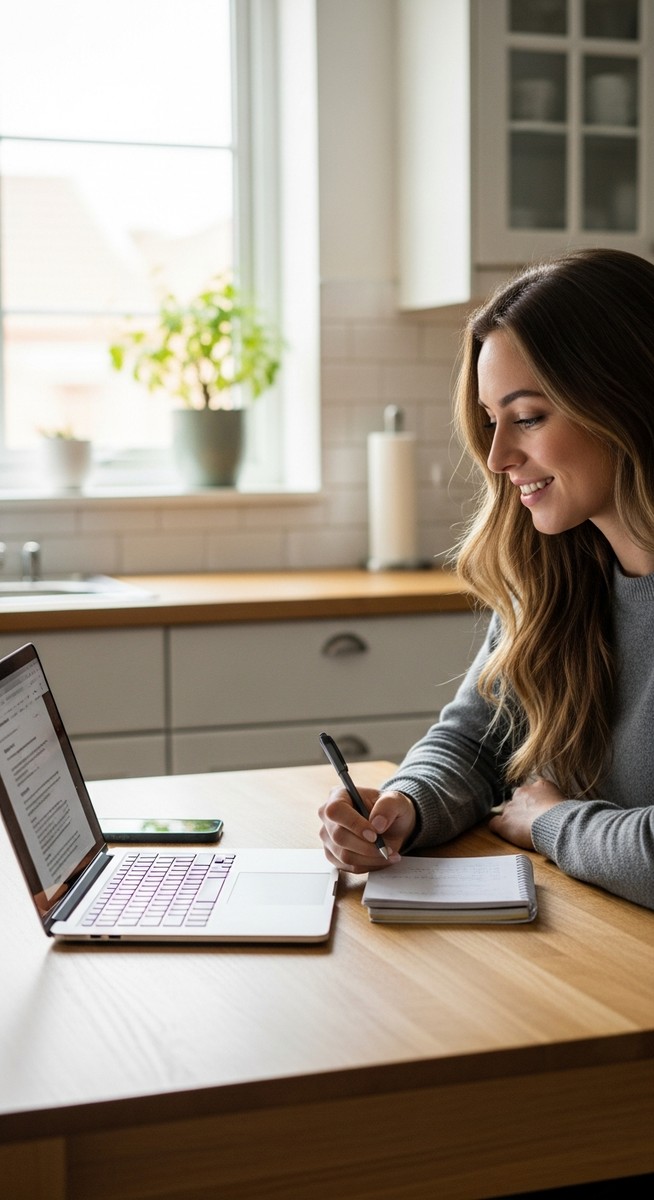 a young woman taking notes next to her laptop at a kitchen table to make an extra $500