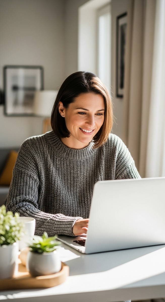 woman working confidently on her laptop at a bright home desk