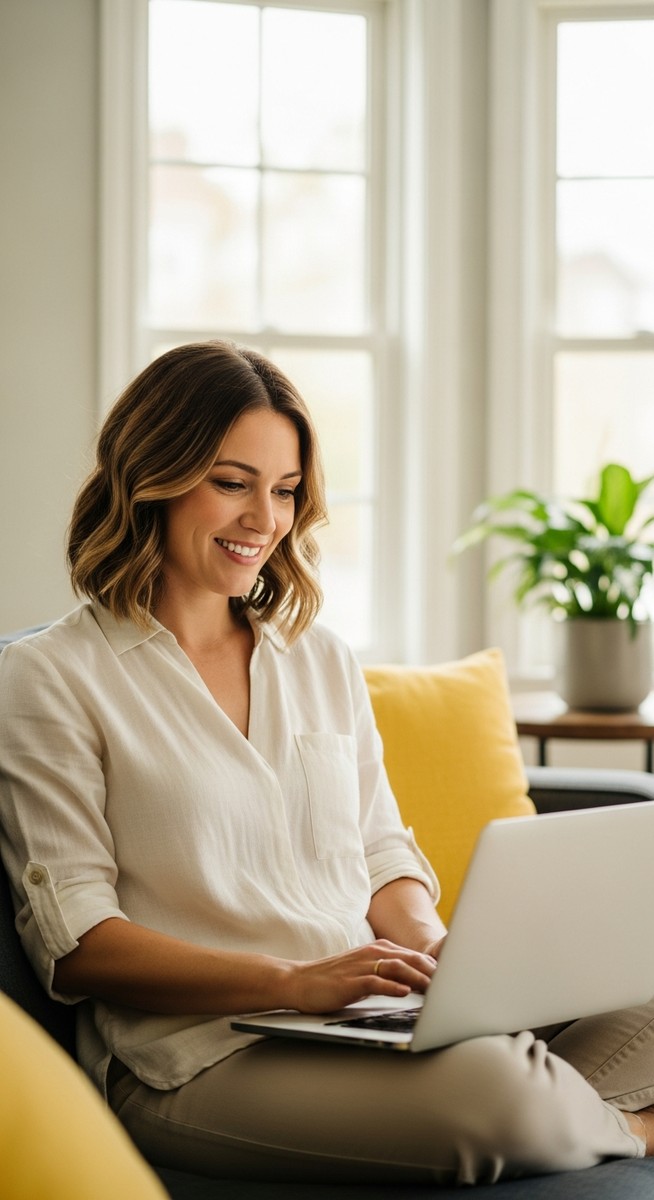 woman smiling while working on her laptop at home