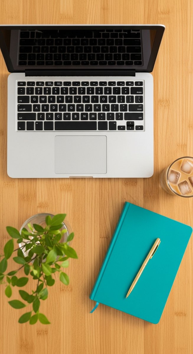 a flatlay of a laptop and teal notebook on a wooden desk for extra income