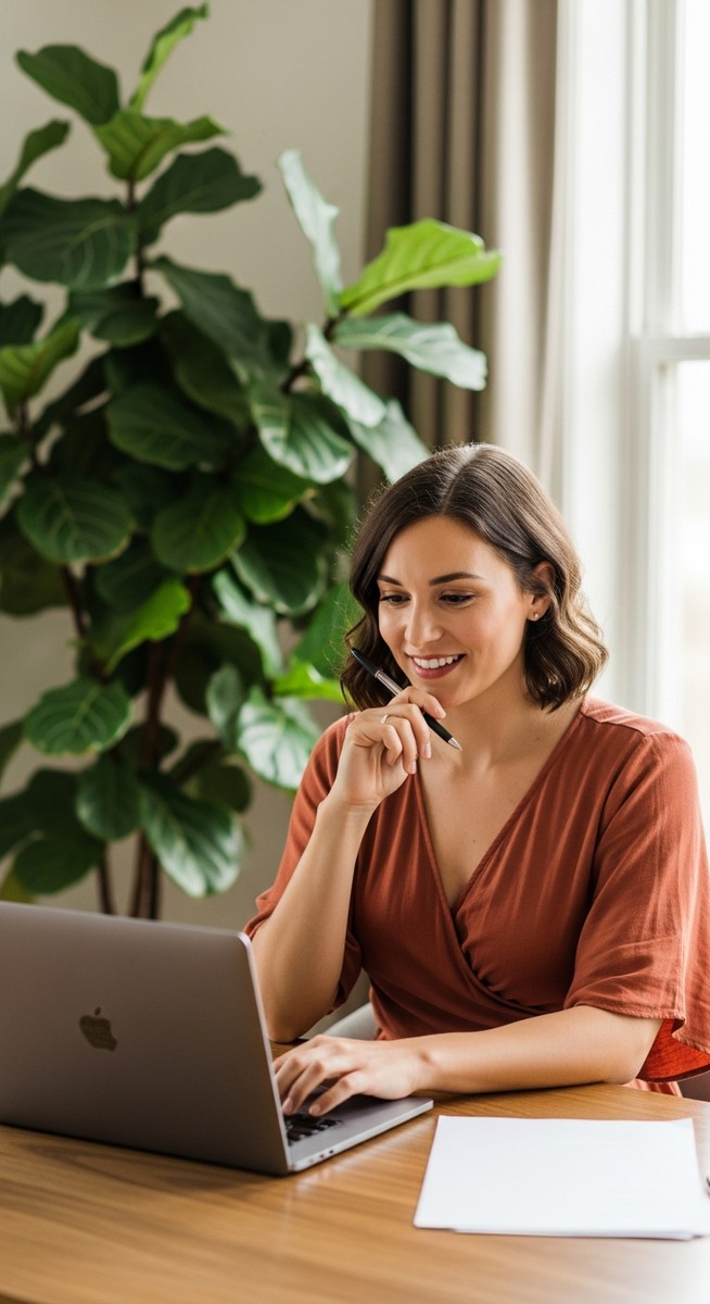 woman smiling and thinking at her home office desk