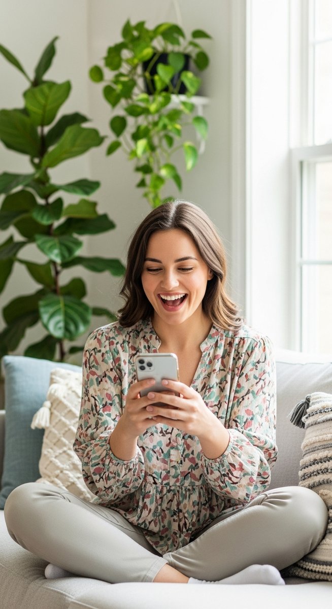 woman smiling at her phone in a bright living room