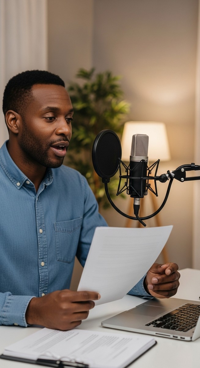 man reading from a script into a condenser microphone at a home recording desk