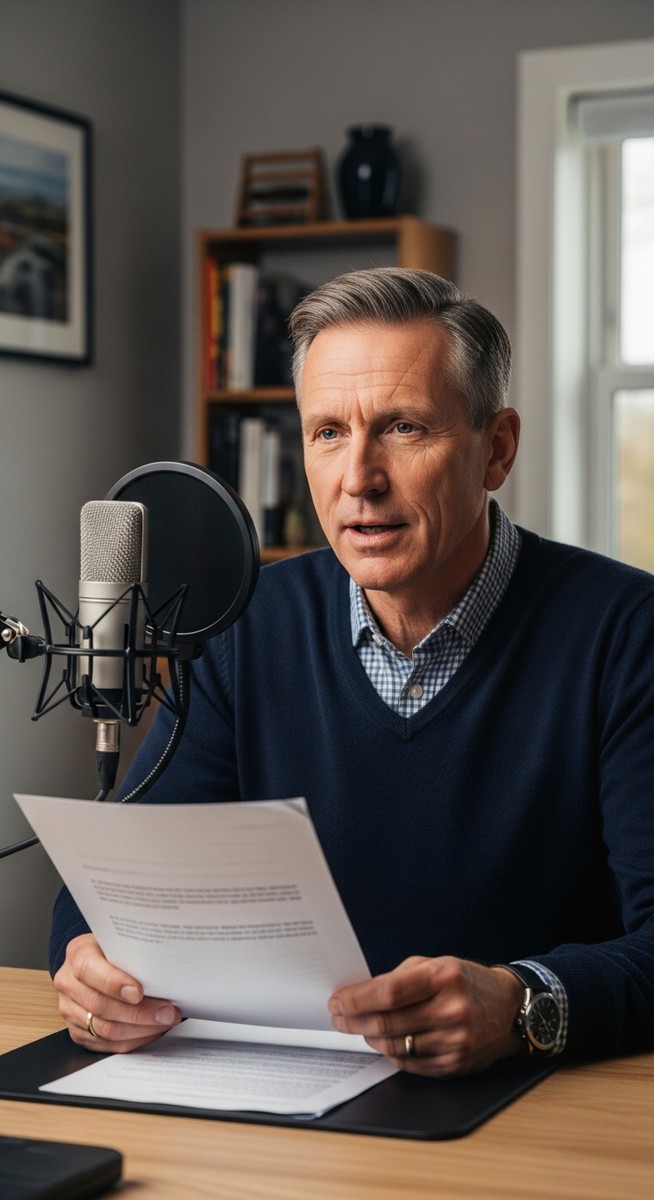a older man reading from a printed script into a microphone in a home study to make money