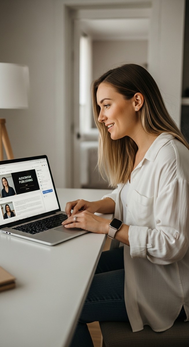 woman reviewing an audiobook publishing platform on a laptop at a home desk