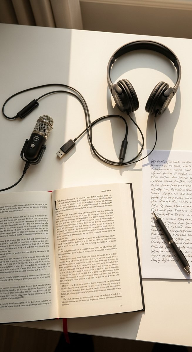 flatlay of an open book, a USB microphone, a printed script, headphones and a pen on a desk