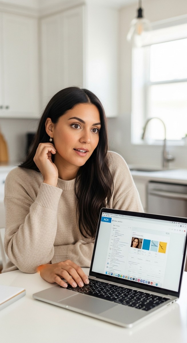 woman reviewing an audiobook production platform on a laptop at a kitchen table