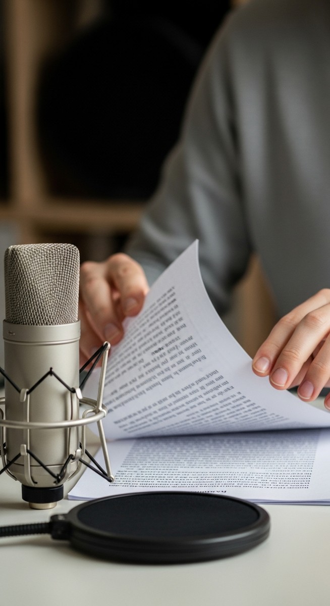 hand turning a page of a script with a condenser microphone in the foreground