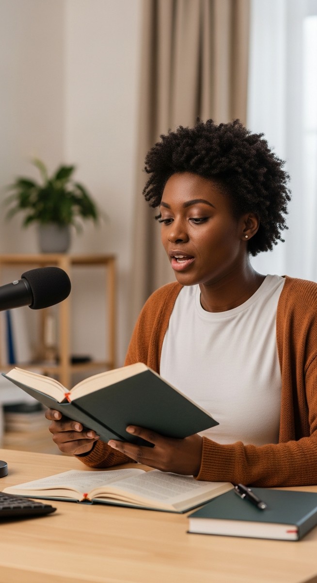 woman reading aloud from a book into a microphone at a home desk
