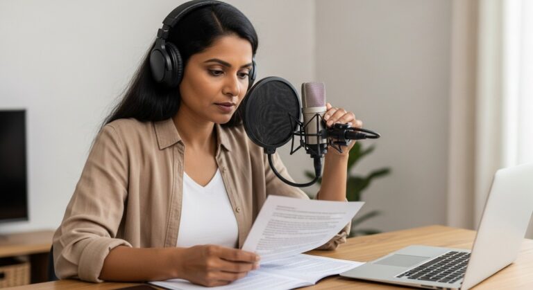 a woman recording audio from a printed manuscript at a home desk with a microphone to make money
