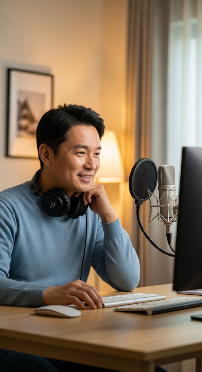 a man smiling at his screen after a recording session at a home desk with a microphone to make money