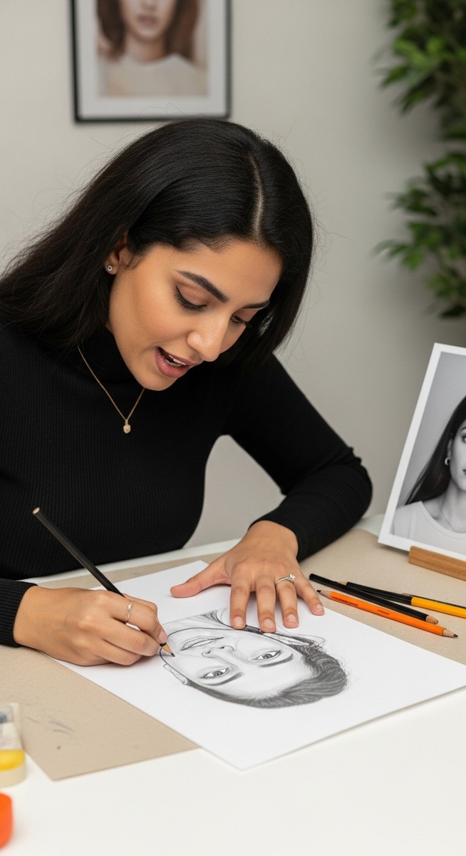 a woman sketching a portrait in pencil with a reference photo beside her to make money