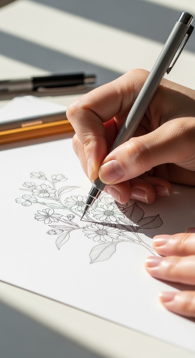 hand drawing a detailed botanical illustration with a fine liner on white paper