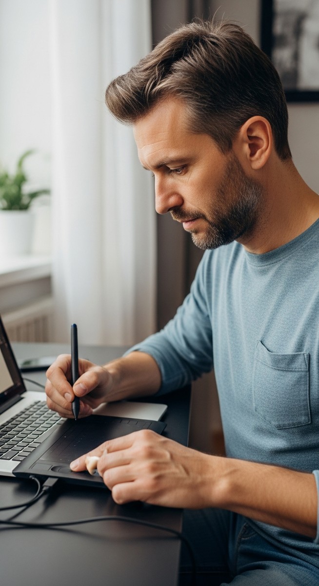 man creating a digital illustration on a drawing tablet connected to a laptop