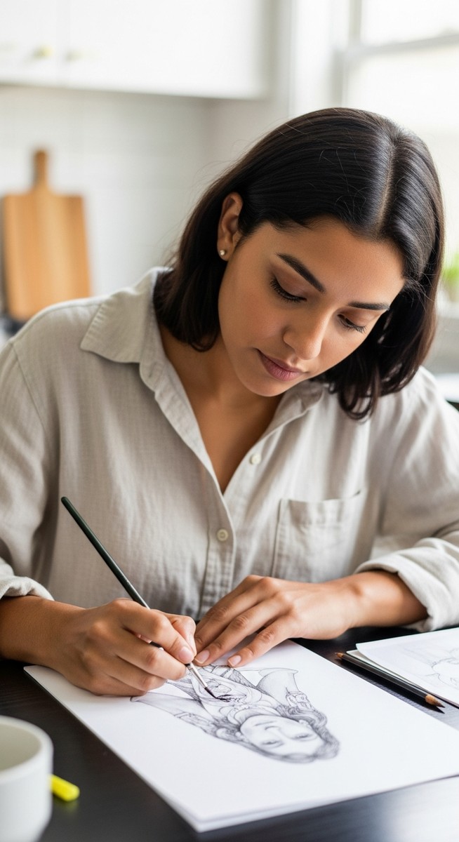 young woman inking a detailed sketch at a kitchen table