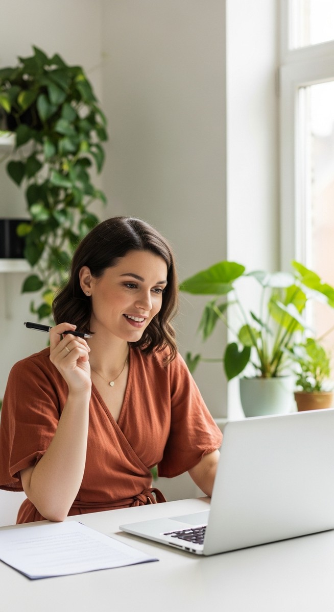 a woman smiling and thinking at her home office desk for video creation