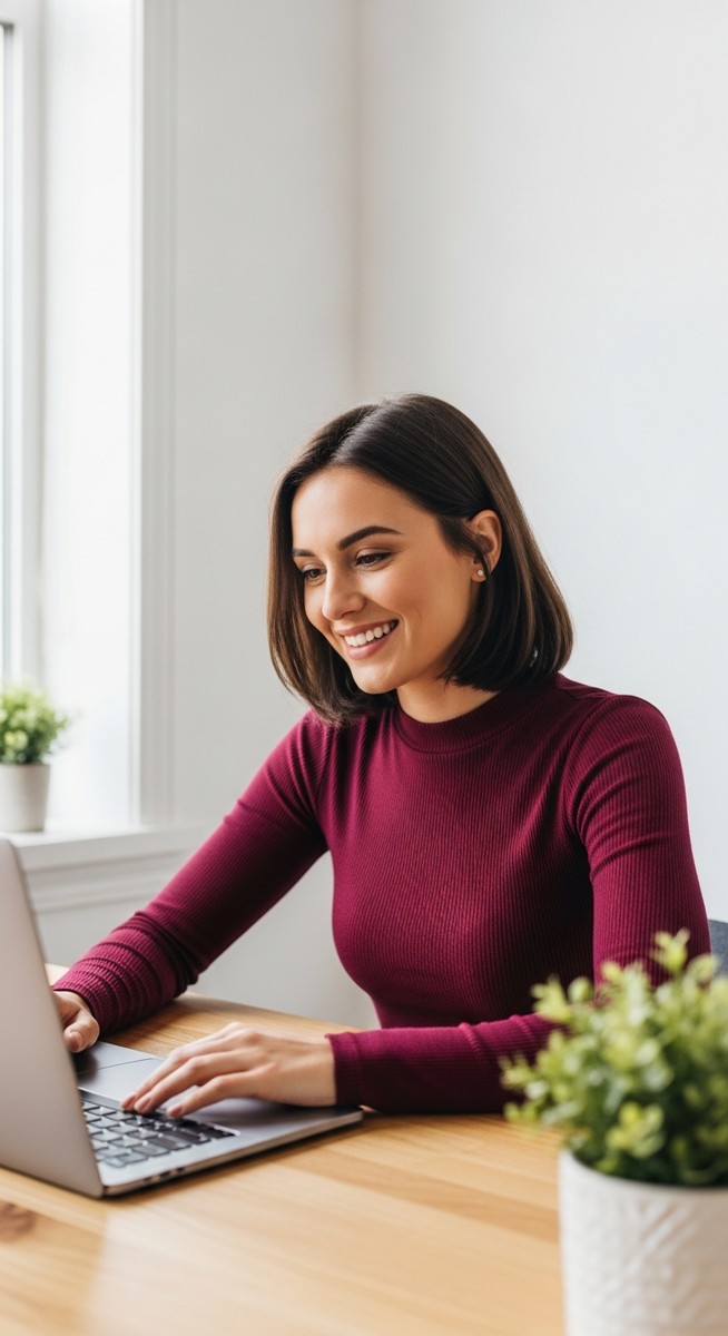 woman looking satisfied at her laptop screen at home