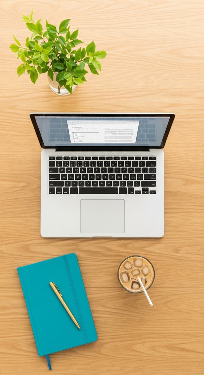 a flatlay of a laptop and teal notebook on a wooden desk for video creation