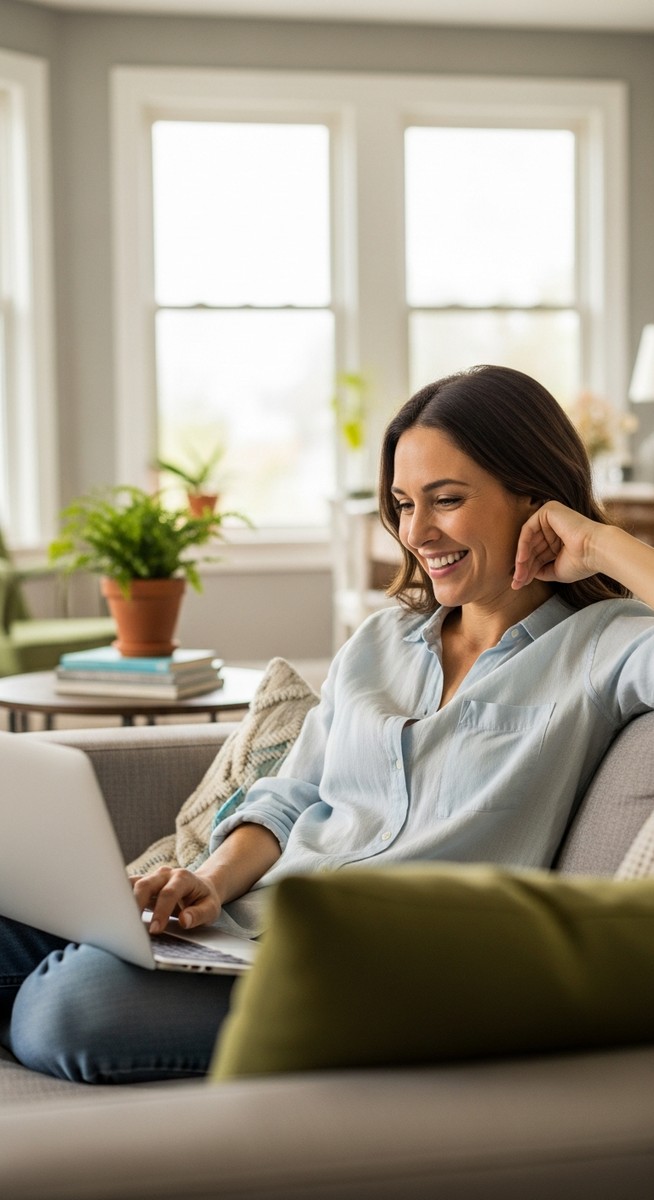 a woman smiling while working on her laptop at home for video creation