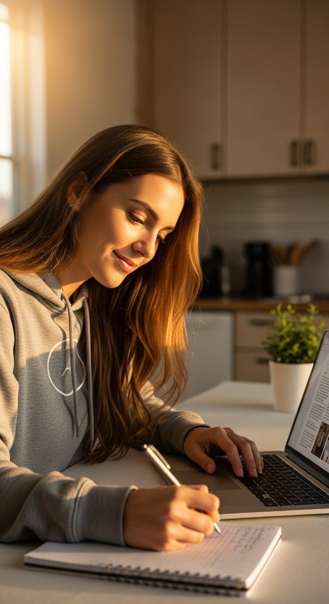 a young woman taking notes next to her laptop at a kitchen table for video creation