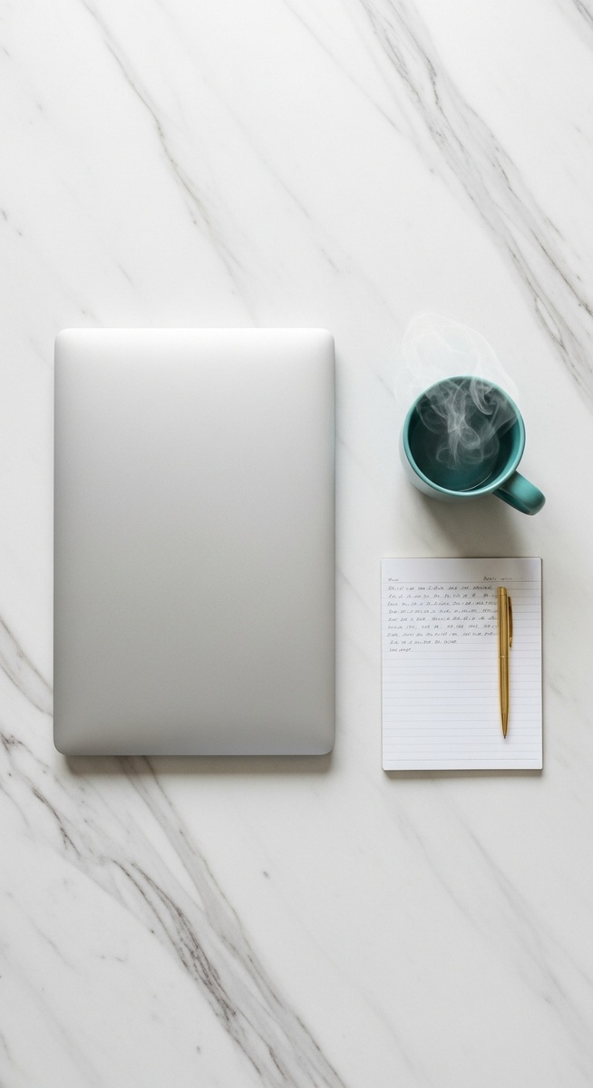 flatlay of a laptop and teal mug on a marble surface