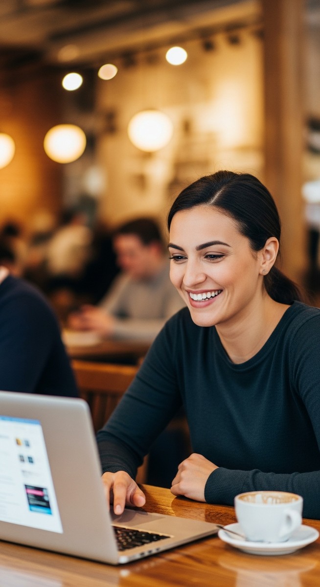 a woman working happily on her laptop for video creation