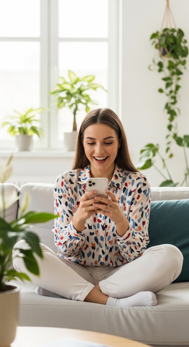 woman smiling at her phone in a bright living room