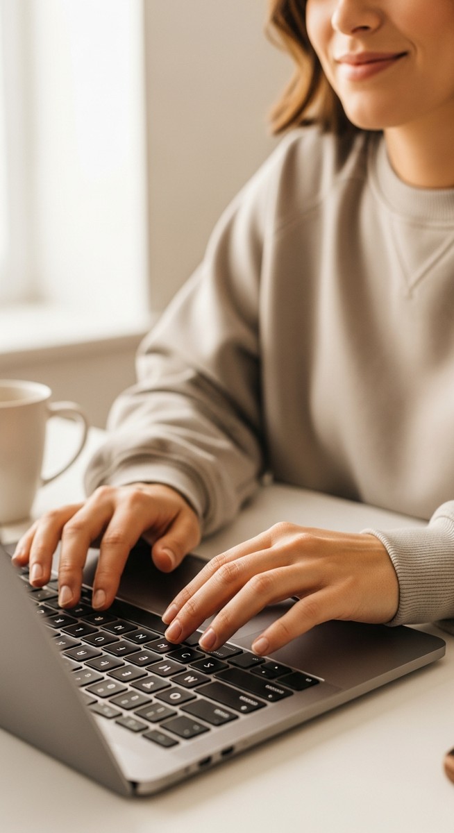 woman typing on a laptop at a bright clean desk