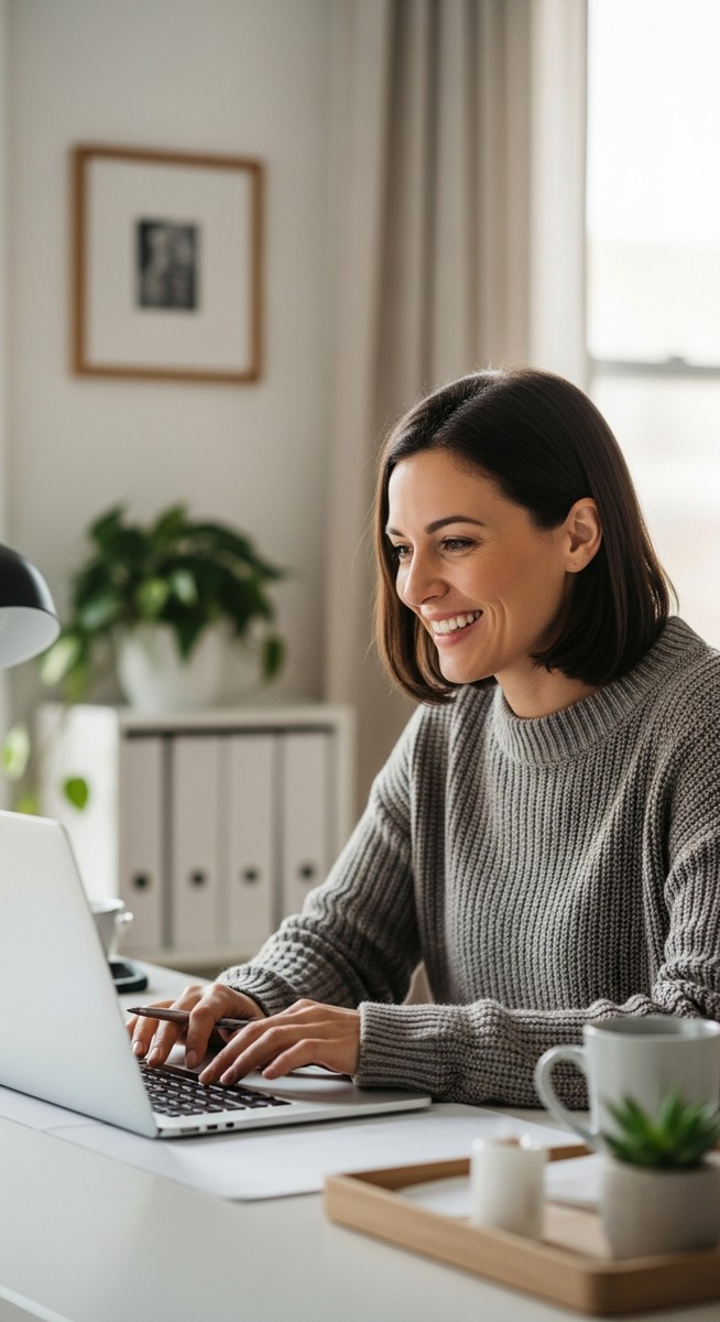 woman working confidently on her laptop at a bright home desk