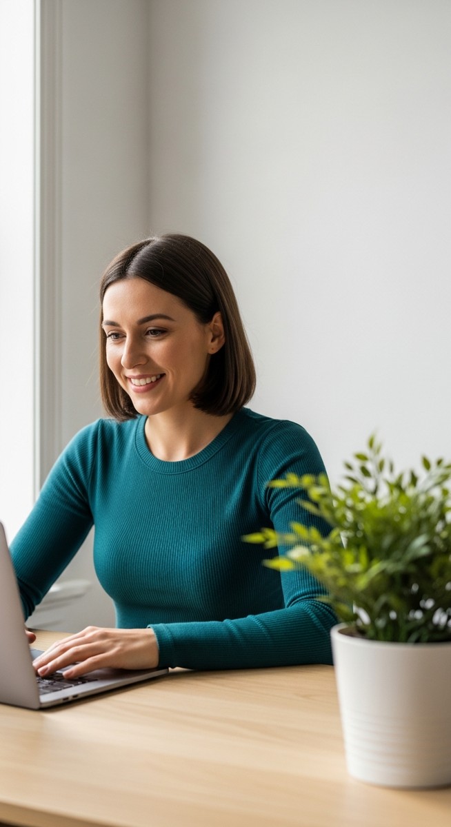 a woman looking satisfied at her laptop screen at home to make money
