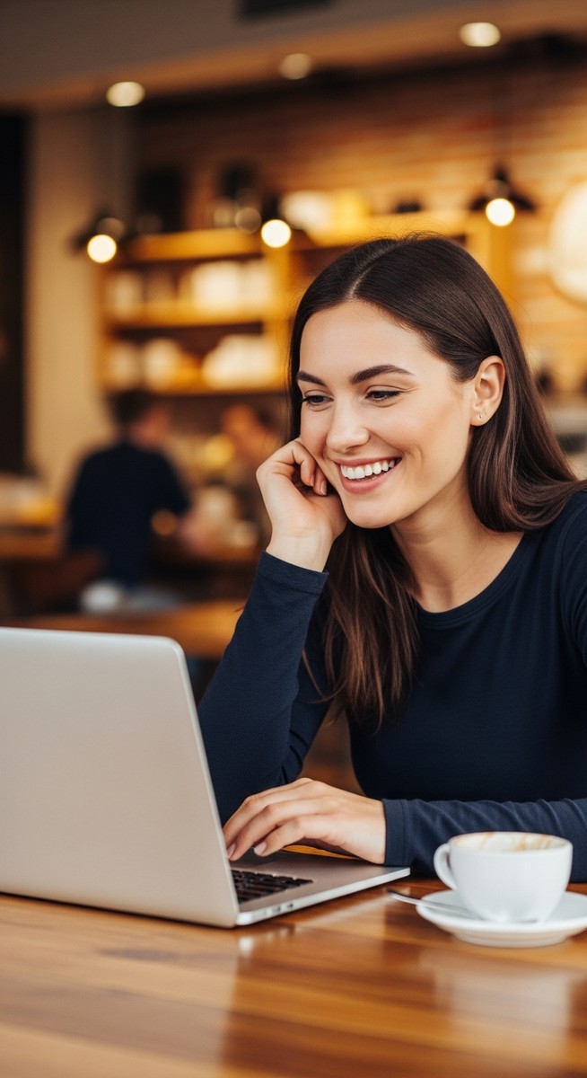 a woman working happily on her laptop to make money