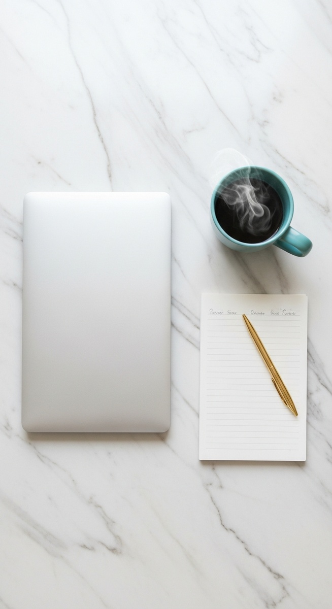 flatlay of a laptop and teal mug on a marble surface
