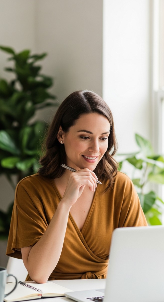 a woman smiling and thinking at her home office desk to make money