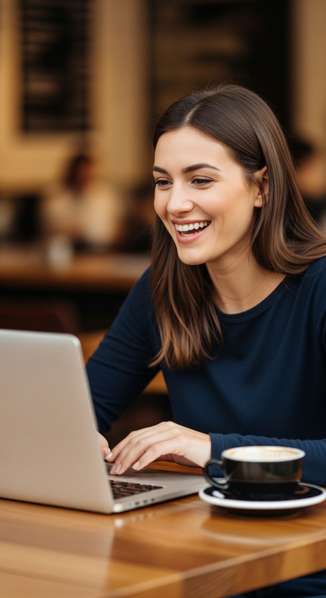 woman working happily on her laptop