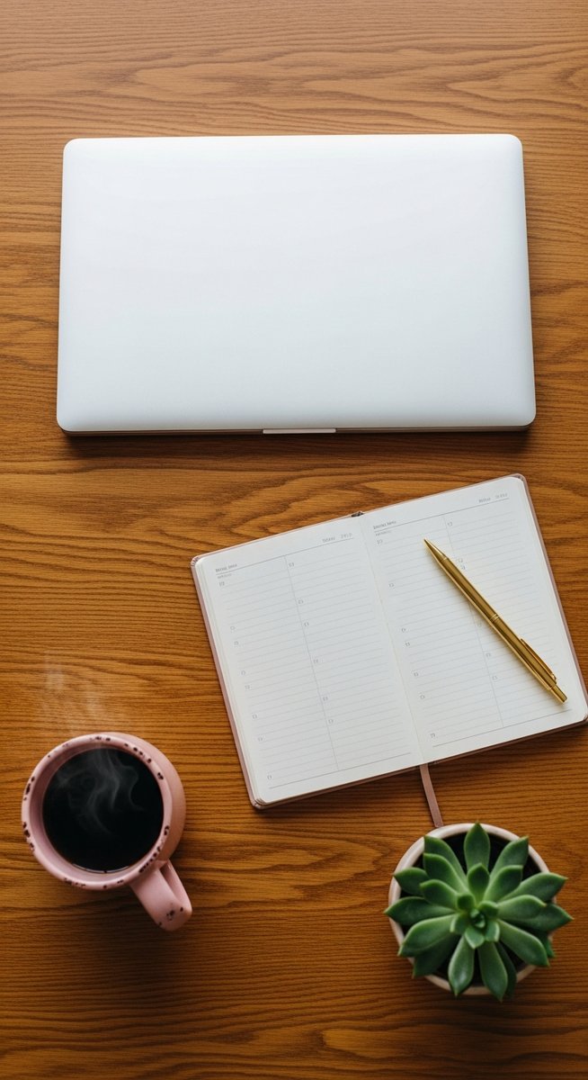 a flatlay of a planner, laptop, and succulent on a wooden surface to make money