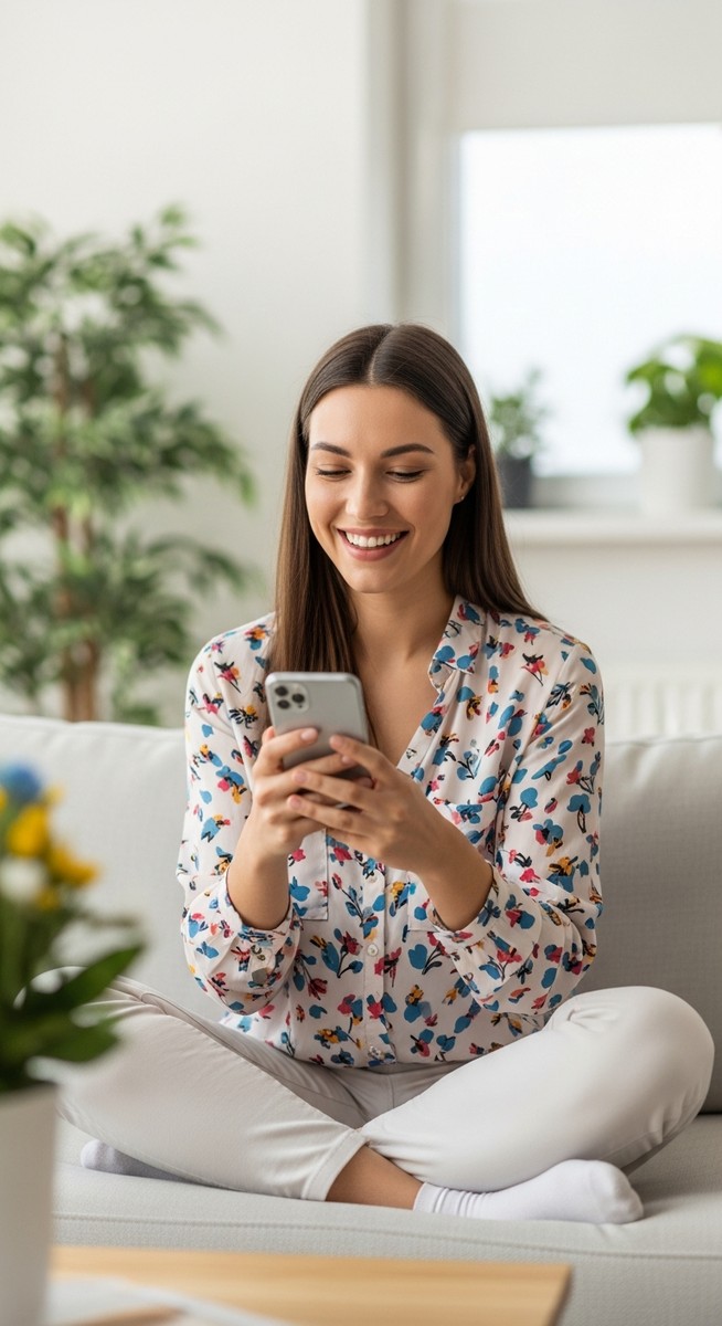 a woman smiling at her phone in a bright living room to make money
