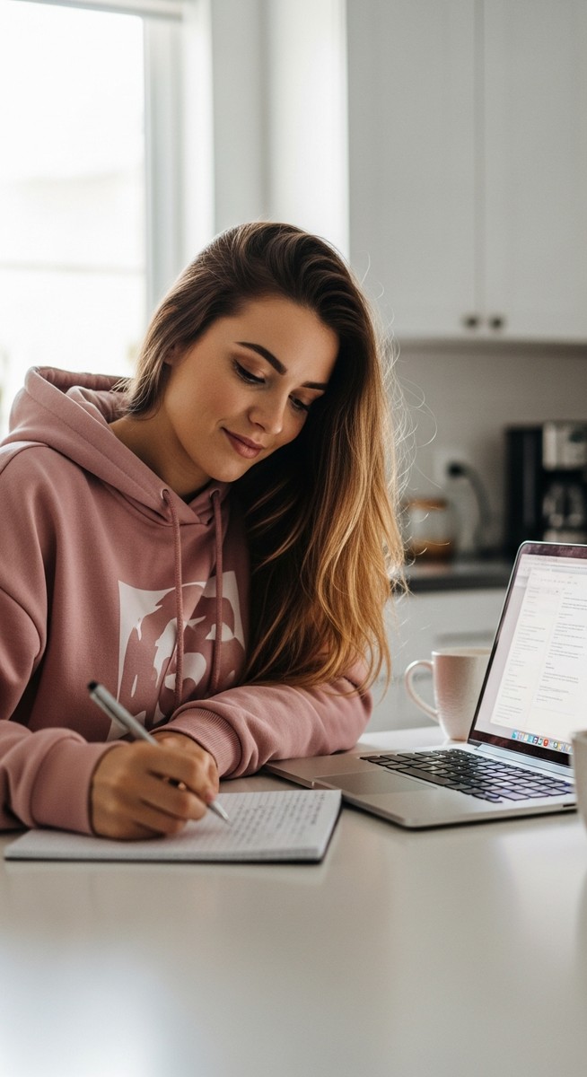 a young woman taking notes next to her laptop at a kitchen table to make money