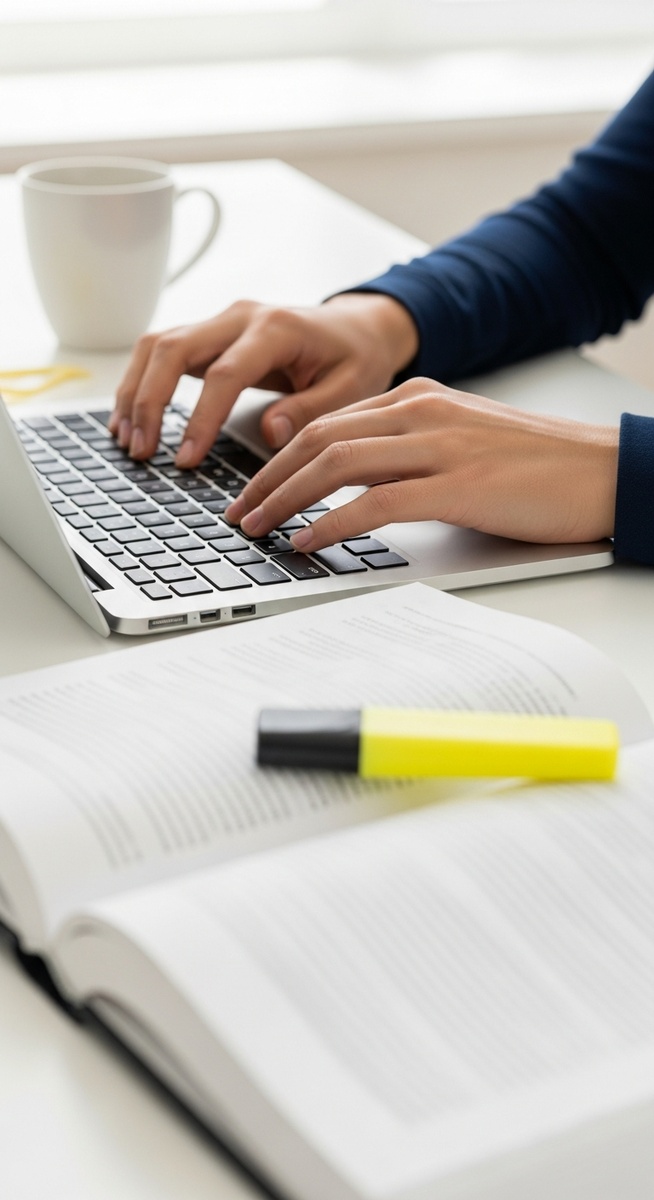 grad student's hands typing on a laptop with a textbook, highlighter and coffee mug on the desk