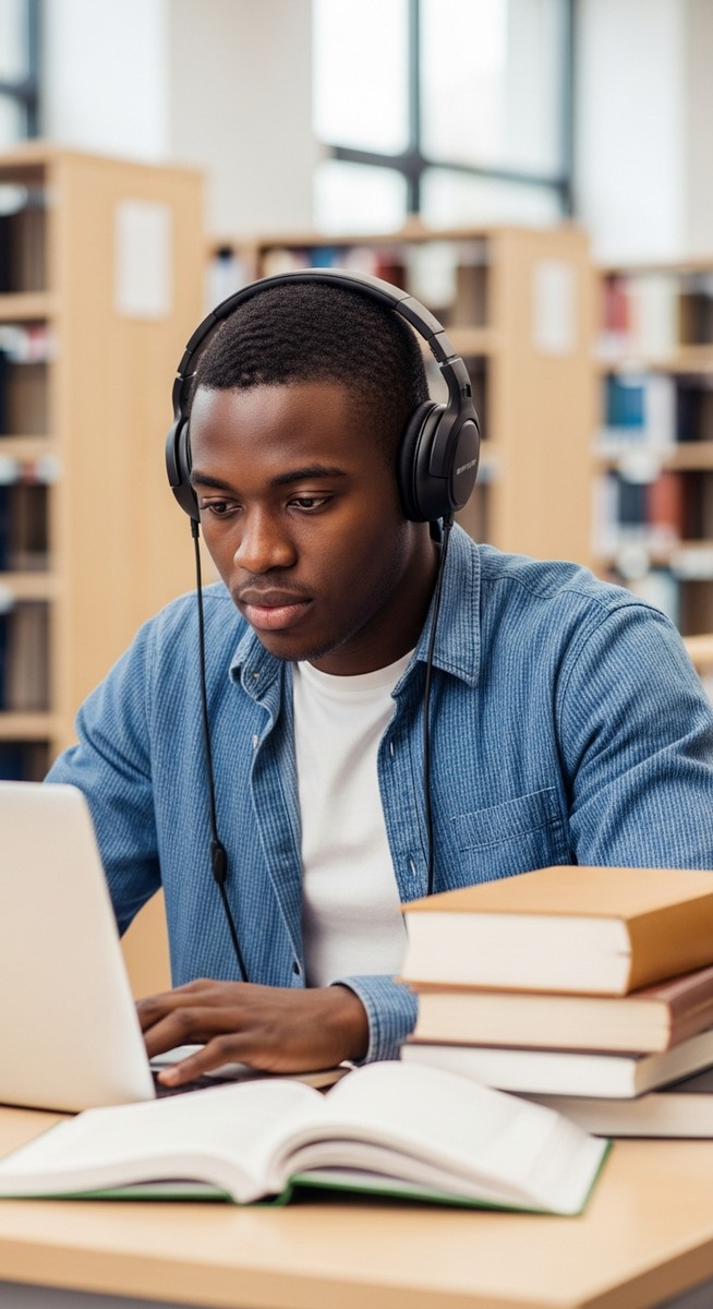 a male grad student working on a laptop at a university library desk with textbooks to make money