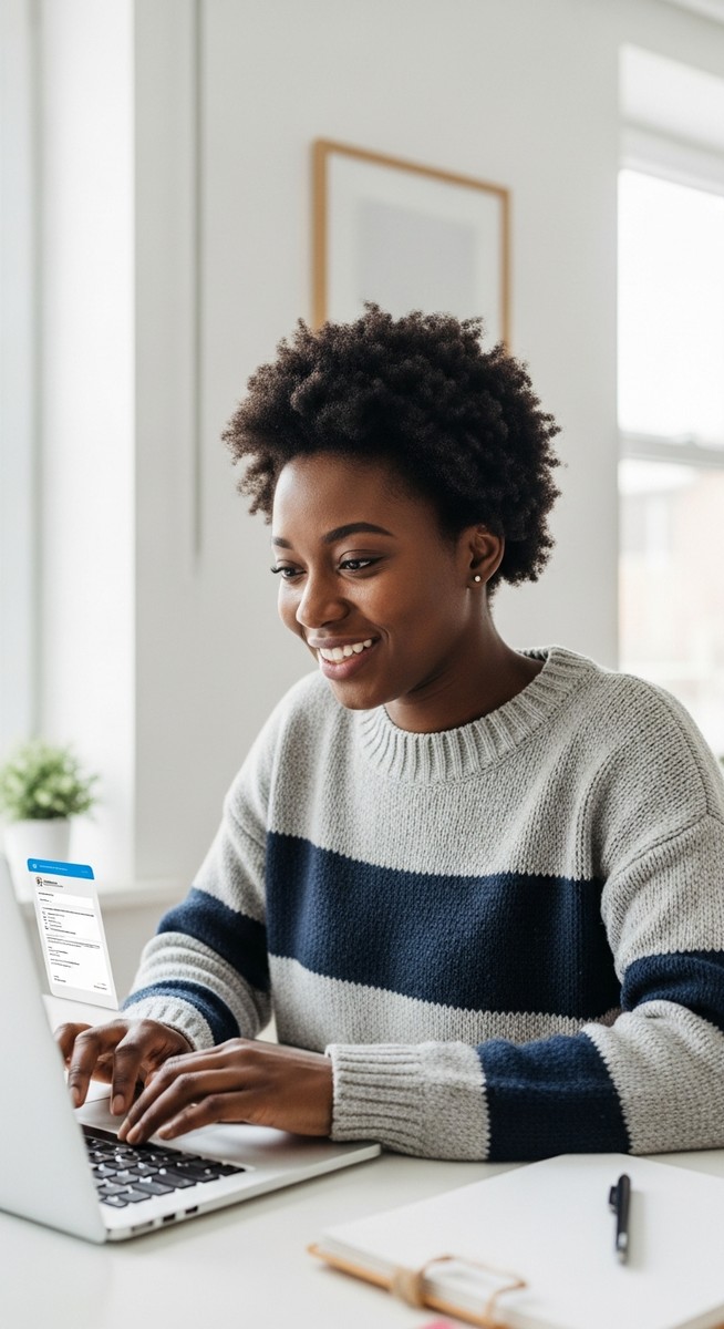 a female grad student smiling at a payment notification on her laptop at a home desk to make money